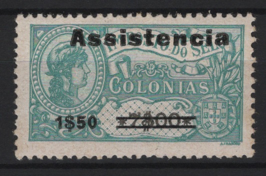 1555.jpg -     Lote:    1555            S. Tomé e Príncipe       Descrição:         1946 &mdash; Imposto Postal. Assistência. Selos fiscais de África, com sobretaxa tipo II. CE IP11, 1$50 s/ 7$00, com "e" em vez de "ê". Valor de catálogo &euro; 150,00.        *       Valor Base:     &euro; 40,00     Valor Venda:     &euro;      