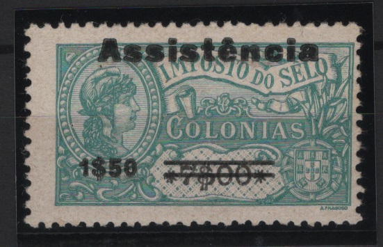 1557.jpg -     Lote:    1557            S. Tomé e Príncipe       Descrição:         1946 &mdash; Imposto Postal. Assistência. Selos fiscais de África, com sobretaxa tipo II. CE IP11, 1$50 s/ 7$00. Valor de catálogo &euro; 90,00.        *       Valor Base:     &euro; 25,00     Valor Venda:     &euro;      