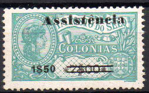 1559.jpg -     Lote:    1559            S. Tomé e Príncipe       Descrição:         1946 &mdash; Imposto Postal. ASSISTÊNCIA. Selos fiscais de África, com sobretaxa. CE IP11, 1$50 s/ 7$00 verde, tipo I. Valor de catálogo &euro; 90,00.        *       Valor Base:     &euro; 25,00     Valor Venda:     &euro;      
