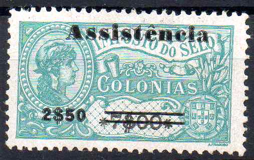 1560.jpg -     Lote:    1560            S. Tomé e Príncipe       Descrição:         1946 &mdash; Imposto Postal. ASSISTÊNCIA. Selos fiscais de África, com sobretaxa. CE IP13A, 2$50 s/ 7$00 verde, tipo I. Valor de catálogo &euro; 130,00.        *       Valor Base:     &euro; 40,00     Valor Venda:     &euro;      