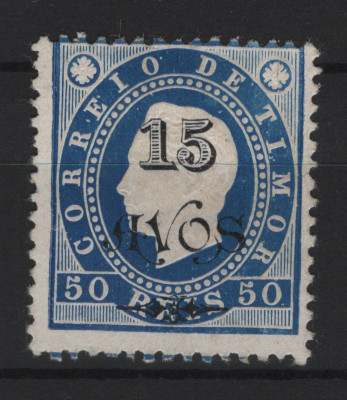 1580.jpg -     Lote:    1580            Timor       Descrição:         1902 &mdash; D. Luís I. Fita direita. Com sobretaxa. CE83, 15 avos s/ 50 reis. Valor de catálogo &euro; 300,00.        *       Valor Base:     &euro; 60,00     Valor Venda:     &euro;      