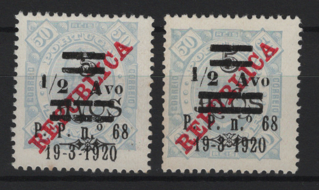 1582.jpg -     Lote:    1582            Timor       Descrição:         1920 &mdash; D. Carlos I, de 1915, com sobretaxa. CE191, &frac12; avo s/ 5 avos s/ 50 reis, denteado13 &frac12;. Lote de dois selos: um com barramento contínuo e outro com o barramento tipo 3 barras com 2 traços paralelos. Valor de catálogo &euro; 180,00.        *       Valor Base:     &euro; 40,00     Valor Venda:     &euro;      