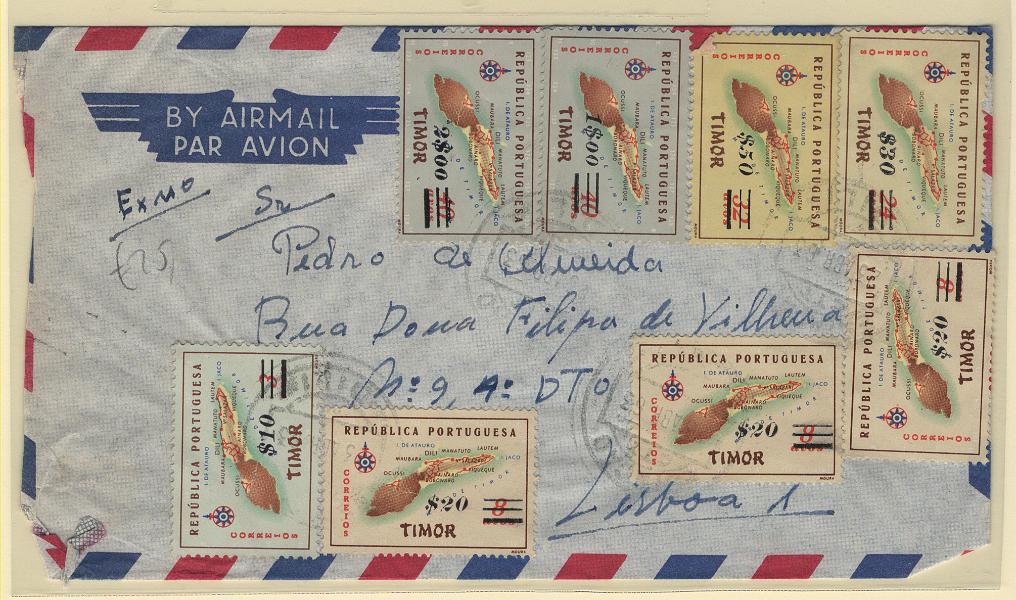 1593.jpg -     Lote:    1593            Timor       Descrição:         1960 &mdash; Carta Geográfica de Timor com sobretaxa. Sobrescrito circulado de Dili (23.04.63) para Lisboa com selos de $10 s/ 3a, 3x$20 s/ 8a, $30 s/24a, $50 s/ 32a, 1$00 s/ 40a, e 2$00 s/ 40a, CE306/311.        Carta       Valor Base:     &euro; 15,00     Valor Venda:     &euro;      