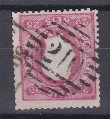 1617.jpg -     Lote:    1617            Portugal        Descrição:         Carimbo numéricos da 1.ª reforma. 1868/70 &mdash; D. Luís I. Fita curva, denteados. CE30, 25 reis, carmim rosa, obliterado com carimbo a preto "210 &mdash; ALCOUTIM", tipo 4.3.4.        O       Valor Base:     &euro; 30,00     Valor Venda:     &euro;      