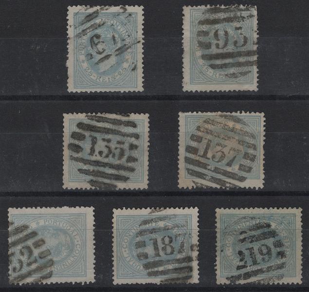 1625.jpg -     Lote:    1625            Portugal        Descrição:         Carimbos numéricos da 2.ª reforma. 1880 &mdash; D. Luís I, de perfil. Lote com 7 selos do 25 reis azul cinzento CE53, com diferentes marcas: 67, 93, 135, 137, 152, 187 e 219. Lote a ver.        O       Valor Base:     &euro; 50,00     Valor Venda:     &euro;      