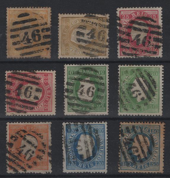 1626.jpg -     Lote:    1626            Portugal        Descrição:         Carimbos numéricos da 2.ª reforma. 1870/76 &mdash; D. Luís I. Fita direita. Lote com 9 selos de 10, 20, 2x25, 2x50, 80, 120 e 150 reis CE37, 39, 40/42 e 44/45, todos com carimbos "46 &mdash; PORTO" de dois tipos diferentes (VC 729$00). Lote a ver. Pequenos defeitos.        O       Valor Base:     &euro; 100,00     Valor Venda:     &euro;      