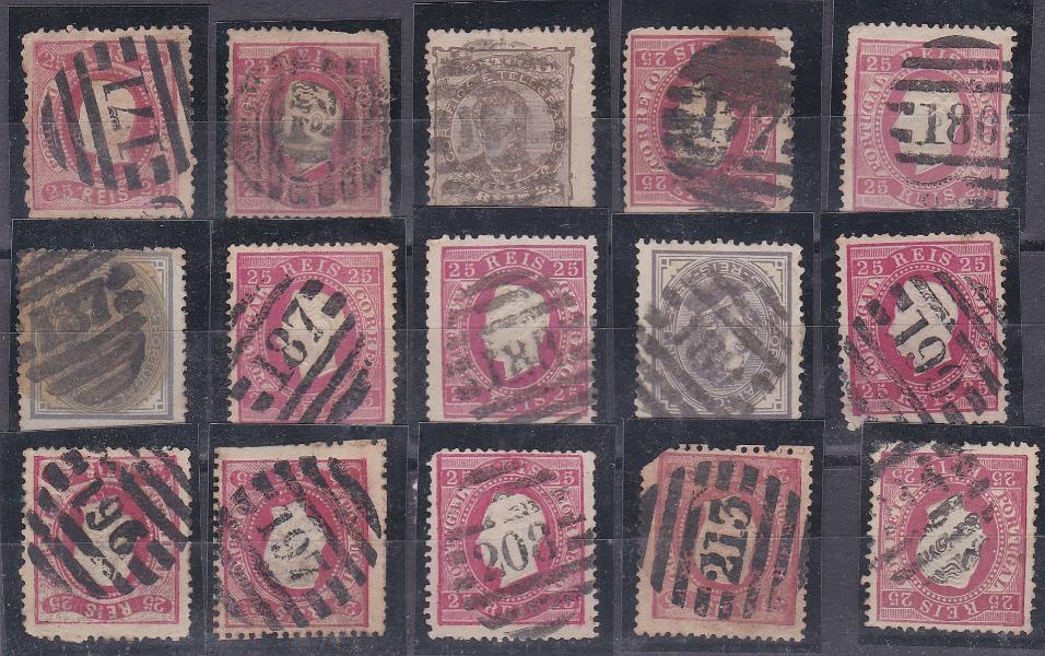1633.jpg -     Lote:    1633            Portugal        Descrição:         Carimbos numéricos da 2.ª reforma. Lote com 15 selos de diversas emissões e da taxa de 25 reis, obliterados com carimbos batidos a preto 171, 172, 174, 177, 180, 187, 187, 188, 189, 190, 196, 197, 208, 213 e 214.        Lote       Valor Base:     &euro; 10,00     Valor Venda:     &euro;      