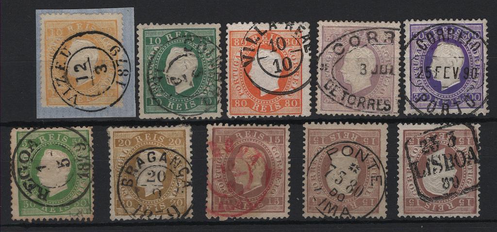 1636.jpg -     Lote:    1636            Portugal        Descrição:         Carimbos circulares datados + dupla oval. Lote com 10 selos das emissões de D. Luís I, fita direita, de diversas taxas obliterados com carimbos de: VIZEU, COIMBRA, VILA REAL, TORRES VEDRAS, PORTO, REGOA, BRAGANÇA, LISBOA, PONTE DO LIMA e LISBOA. Lote com algum interesse        O       Valor Base:     &euro; 20,00     Valor Venda:     &euro;      