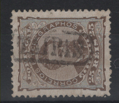 1643.jpg -     Lote:    1643            Portugal        Descrição:         Carimbos nominativos. 1882 &mdash; D. Luís I, de frente. CE57, 25 reis, papel porcelana, denteado 13 &frac12;, com carimbo a preto TAIPAS.        O       Valor Base:     &euro; 10,00     Valor Venda:     &euro;      