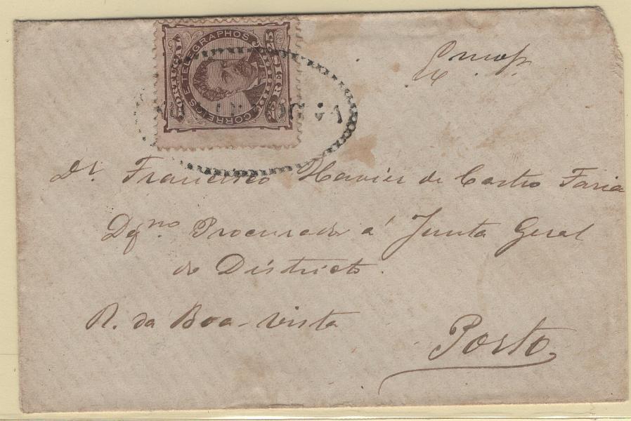 1649.jpg -     Lote:    1649            Portugal        Descrição:         Carimbos nominativos. 1882 &mdash; D. Luís I, de frente. CE57, papel liso, denteado 12 &frac12;, em sobrescrito circulado do Porto (14.04.1882), obliterado com carimbo a preto "V.ª DO CONDE".        Carta       Valor Base:     &euro; 12,00     Valor Venda:     &euro;      