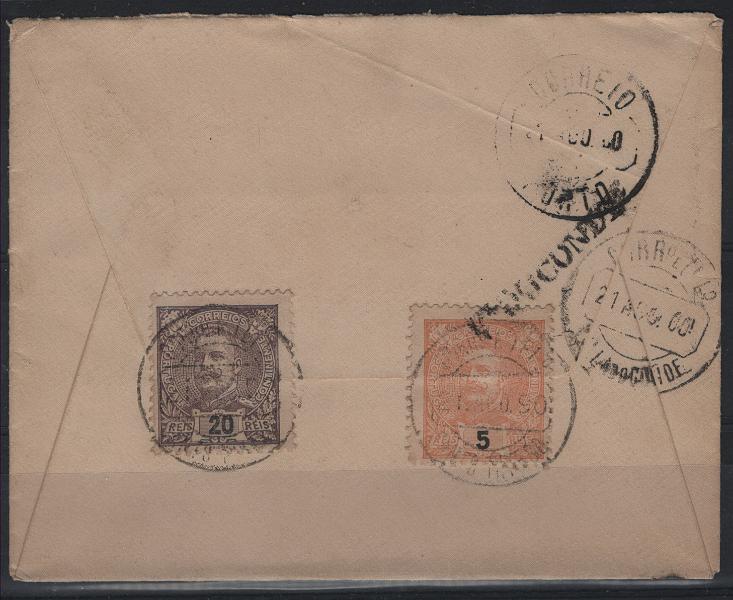 1650.jpg -     Lote:    1650            Portugal        Descrição:         Carimbos nominativos. 1895 &mdash; D. Carlos I Mouchon. CE127 E 130, 5 E 20 reis, em sobrescrito circulado de Santo Tirso (21.08.00) para Vila do Conde. No verso carimbo nominativo a preto "V.ª DO CONDE".        Carta       Valor Base:     &euro; 10,00     Valor Venda:     &euro;      