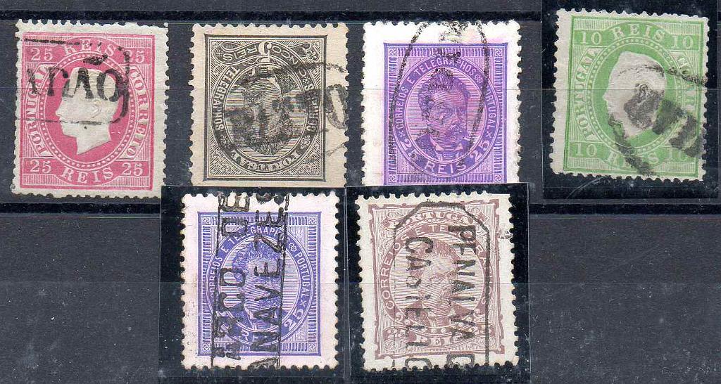 1655.jpg -     Lote:    1655            Portugal        Descrição:         Carimbos nominativos. Lote composto por seis selos de diferentes emissões de D. Luís I, com carimbos batidos a preto de: STA COMBADÃO, BASTO, LUMIAR, MARCO DE / CANAVEZES e PENALVA DO / CASTELLO.        O       Valor Base:     &euro; 8,00     Valor Venda:     &euro;      