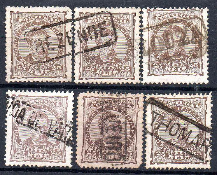 1656.jpg -     Lote:    1656            Portugal        Descrição:         Carimbos nominativos. 1882/83 &mdash; D. Luís I, de frente. CE57, 25 reis. Lote de 6 selos com carimbos batidos a sépia e preto de "REZENDE", "LOUZÂ", "POVOA DE VARZIM", "AVEIRO" e "THOMAR".        O       Valor Base:     &euro; 10,00     Valor Venda:     &euro;      