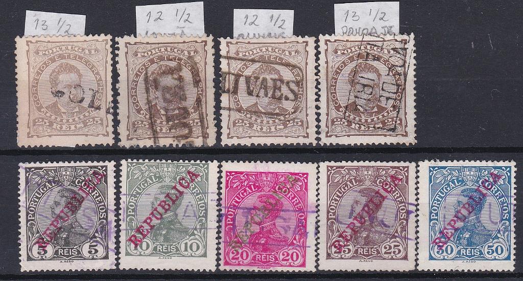 1657.jpg -     Lote:    1657            Portugal        Descrição:         Carimbos nominativos. Lote de 4 selos CE57 obliterados com carimbos de GOLEGAN, LOUZÃ, OLIVAES e PÓVOA DE / SANTA IRIA + 5 selos da emissão de D. Manuel II, com sobrecarga REPUBLICA de 5, 10, 20, 25 e 50 reis com carimbo a violeta "INUTILISADO".        O       Valor Base:     &euro; 15,00     Valor Venda:     &euro;      