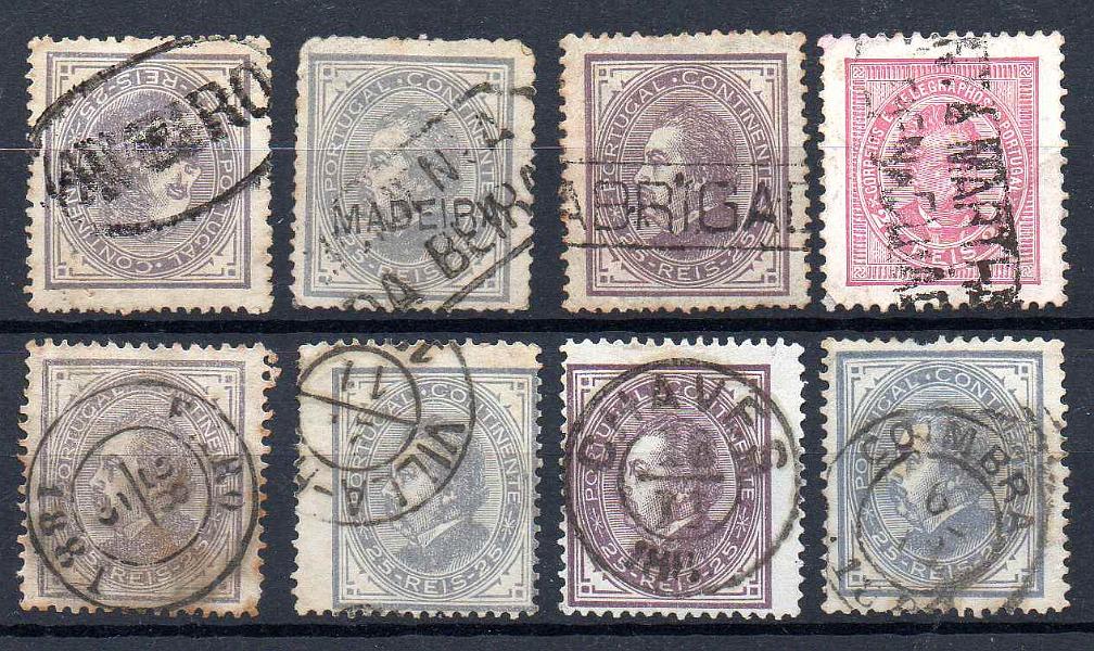 1658.jpg -     Lote:    1658            Portugal        Descrição:         Carimbos nominativos. 1980/87 &mdash; D. Luís I de perfil + D. Luís I, de frente. Lote com 8 selos, sete CE53 e um CE63, dos quais quatro com carimbos nominativos de AVEIRO, MOIMENTA DA BEIRA, ABRIGADA E SANTA NARTA DE PENAGUIÃO + quatro com CCD's de Faro, Villa-Real, Cheves e Coimbra.        O       Valor Base:     &euro; 8,00     Valor Venda:     &euro;      