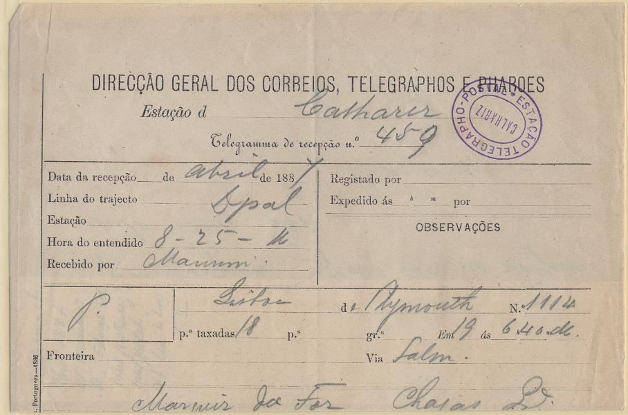 1661.jpg -     Lote:    1661            Portugal        Descrição:         Carimbos da telegrafia eléctrica. Telegrama datado de Lisboa (Abril.1887), com carimbo de dupla oval a violeta "ESTAÇÃO TELEGRAPHO-POSTAL / CALHARIZ".        TLG       Valor Base:     &euro; 8,00     Valor Venda:     &euro;      