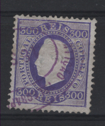 1662.jpg -     Lote:    1662            Portugal        Descrição:         Carimbos da telegrafia elétrica. 1882 &mdash; D. Luís I. Fita direita. CE47, 300 reis violeta, papel porcelana, denteado 12 &frac12;, cunho II. Carimbo a violeta "ESTAÇÃO TELEGRÁPHICA DE LISBOA / 2.ª SECÇÃO".        O       Valor Base:     &euro; 20,00     Valor Venda:     &euro;      