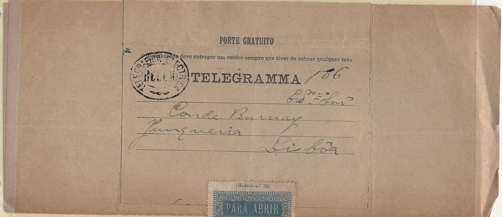 1664.jpg -     Lote:    1664            Portugal        Descrição:         Carimbos da telegrafia eléctrica. Telegrama datado de Lisboa (06.10.1892), com carimbo de dupla oval a preto "TELEGRAPHIA ELECTRICA / BELEM".        TLG       Valor Base:     &euro; 5,00     Valor Venda:     &euro;      