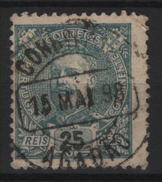 1665.jpg -     Lote:    1665            Portugal        Descrição:         Carimbos circulares datados, tipo 1880. 1895 &mdash; D. Carlos I Mouchon. CE131, 25 reis, obliterado com carimbo a preto "AGADÃO". MR.        O       Valor Base:     &euro; 25,00     Valor Venda:     &euro;      