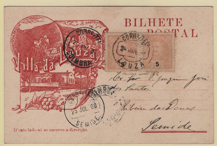 1666.jpg -     Lote:    1666            Portugal        Descrição:         Carimbos circulares datados tipo 1880 * 1896 &mdash; D. Carlos I Mouchon. CE127, 5 reis. Par em postal ilustrado da Vila da Lousã / Castelo (24.07.00) para Semide (25.07.00). carimbo batido a preto de SEMIDE.        PI       Valor Base:     &euro; 20,00     Valor Venda:     &euro;      