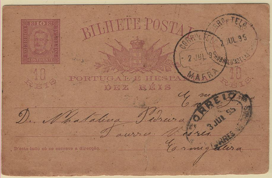 1667.jpg -     Lote:    1667            Portugal        Descrição:         Carimbos circulares datados, tipo 1880 * 1892 &mdash; D. Carlos I, tipo Diogo Neto. OM13, 10 reis circulado de Sobral de Abelheira (02.07.95) para Ermigeira, com trânsito por Mafra (02.07.95) e Torres Vedras (03.07.95). Carimbo a preto "SOBRAL D'ABELHEIRA".        IC       Valor Base:     &euro; 15,00     Valor Venda:     &euro;      