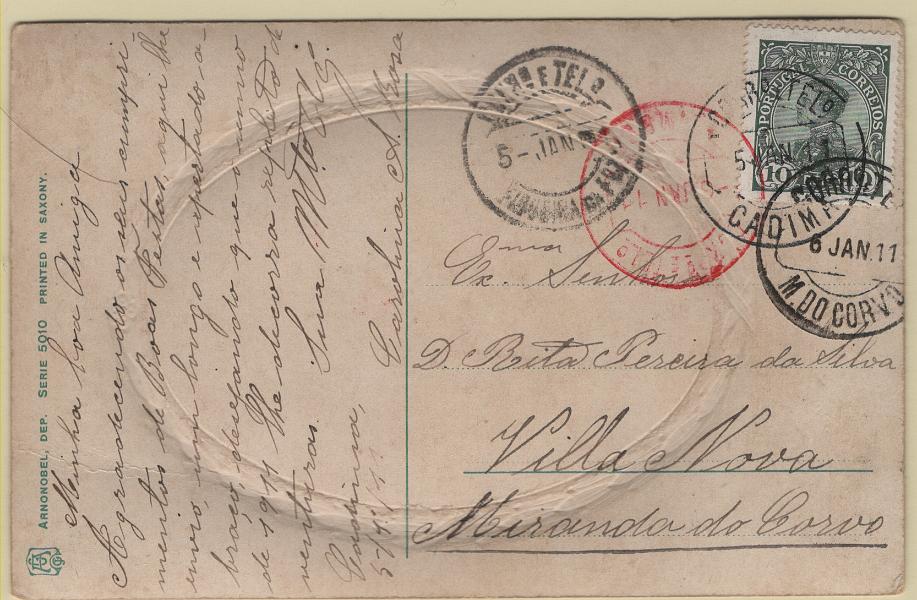 1668.jpg -     Lote:    1668            Portugal        Descrição:         Carimbos circulares datados, tipo 1880. 1910 &mdash; D. Manuel II. CE158, 10 reis em postal ilustrado circulado de Cadima (05.01.11) para Miranda do Corvo, com trânsito pela Figueira da Foz e Coimbra. Carimbo batido a preto "CADIMA" e a vermelho "COIMBRA".        PI       Valor Base:     &euro; 10,00     Valor Venda:     &euro;      
