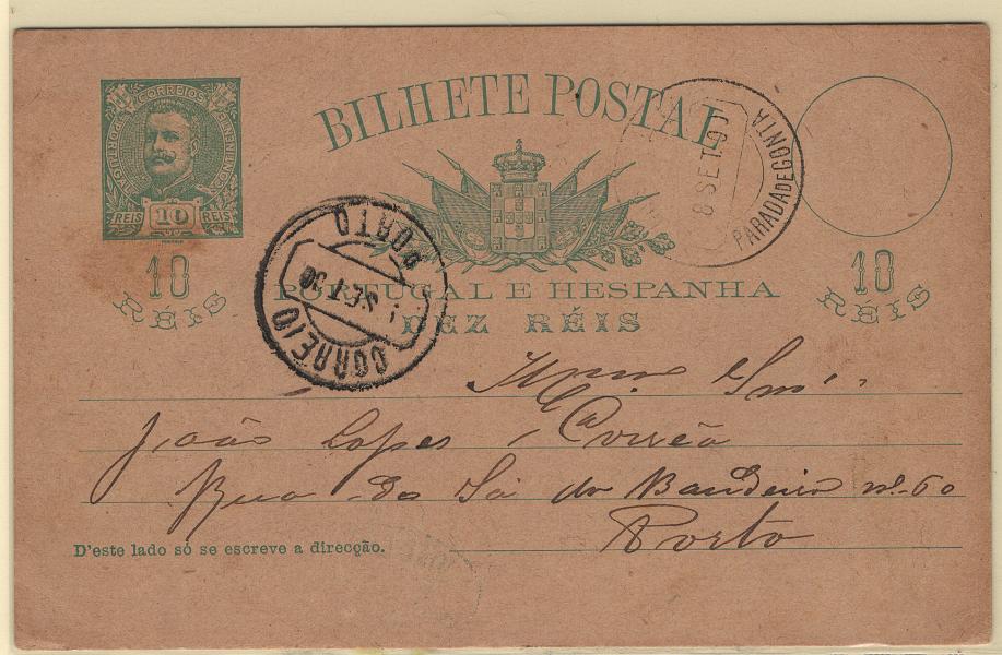 1669.jpg -     Lote:    1669            Portugal        Descrição:         Carimbos circulares datados tipo 1880. Lote de dois inteiros postais de D. Carlos I Mouchon e D. Manuel II com REPUBLICA, ambos de 10 reis obliterados com carimbos a preto de "PARADA DE GONTA" e "ANADIA".        IC       Valor Base:     &euro; 12,00     Valor Venda:     &euro;      