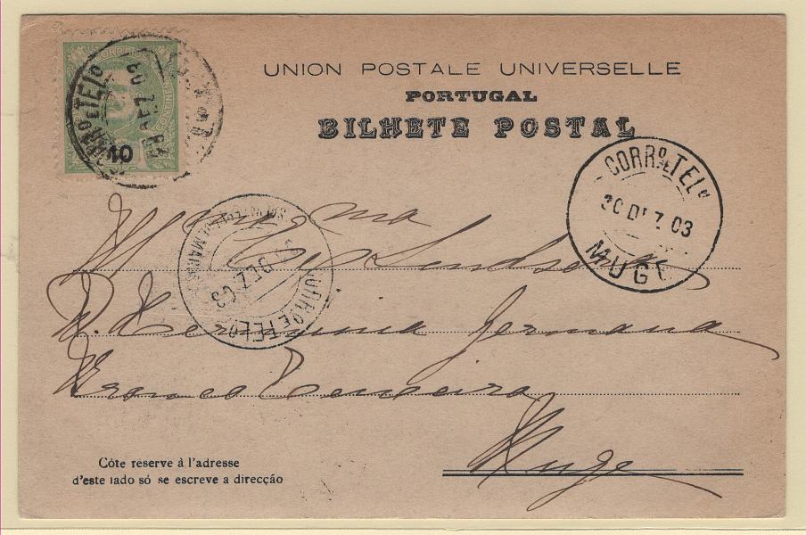 1671.jpg -     Lote:    1671            Portugal        Descrição:         Carimbos circulares datados, tipo 1880. 1895 &mdash; D. Carlos I Mouchon. CE128, 10 reis em postal ilustrado circulado de Lisboa (29.12.03) para Muge (30.12.03) com trânsito por Salvaterra de Magos. Carimbos batidos a preto de "SALVATERRA DE MAGOS" e "MUGE".        PI       Valor Base:     &euro; 12,00     Valor Venda:     &euro;      