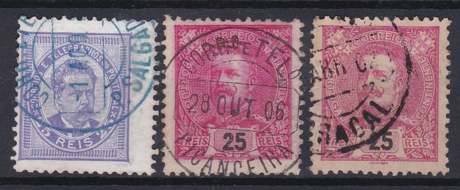 1676.jpg -     Lote:    1676            Portugal        Descrição:         Carimbos circulares datados tipo 1880. Lote de 3 selos das emissões de D. Luís I e D. Carlos Mouchon, com carimbos de "P. SALGADAS" a azul + PICANCEIRA e PRAGAL a preto.        O       Valor Base:     &euro; 10,00     Valor Venda:     &euro;      