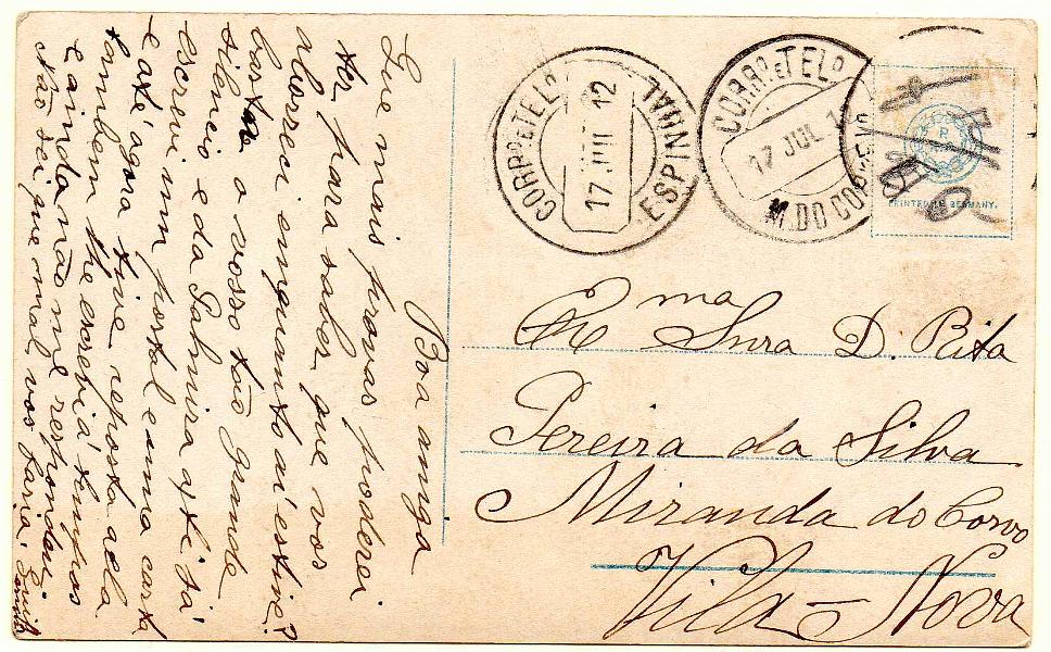 1679.jpg -     Lote:    1679            Portugal        Descrição:         Carimbos circulares datados, tipo 1880. Postal ilustrado circulado para Miranda do Corvo (17.07.12). Carimbos batidos a preto de "ESPINHAL" e "M. DO CORVO"        PI       Valor Base:     &euro; 8,00     Valor Venda:     &euro;      