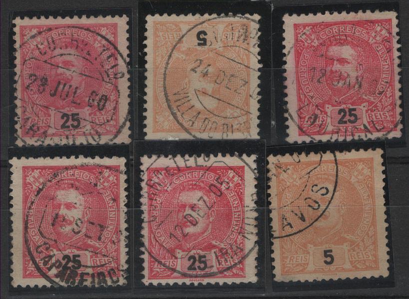 1680.jpg -     Lote:    1680            Portugal        Descrição:         Carimbos circulares datados, tipo 1880 * 1899 &mdash; D. Carlos I Mouchon. CE127 e 141, 5 e 25 reis. Lote de 6 selos com carimbos a preto de: CARAMUJO, VILLA DO BISPO, LOURIÇAL, CAPAREIROS, FEIRA NOVA e LAVOS.        Lote       Valor Base:     &euro; 10,00     Valor Venda:     &euro;      