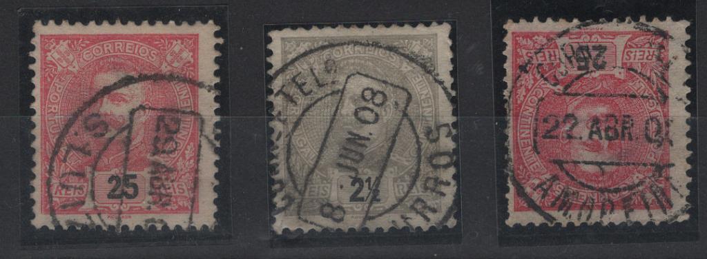 1681.jpg -     Lote:    1681            Portugal        Descrição:         Carimbos circulares datados, tipo 1880 * 1899 &mdash; D. Carlos I Mouchon. CE126 e 141, 2 &frac12; e 25 reis. Lote de 3 selos com carimbos a preto de: S. LUIZ, URRÓS e AMOREIRA.        Lote       Valor Base:     &euro; 10,00     Valor Venda:     &euro;      