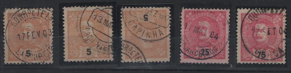 1683.jpg -     Lote:    1683            Portugal        Descrição:         Carimbos circulares datados, tipo 1880 * 1899 &mdash; D. Carlos I Mouchon. CE127 e 141, 5 e 25 reis. Lote de 5 selos com carimbos a preto de: GRIMANCELLOS, PAÇO VIEIRA, GRAÇA, LABRUGEIRA e CAPINHA.        Lote       Valor Base:     &euro; 10,00     Valor Venda:     &euro;      