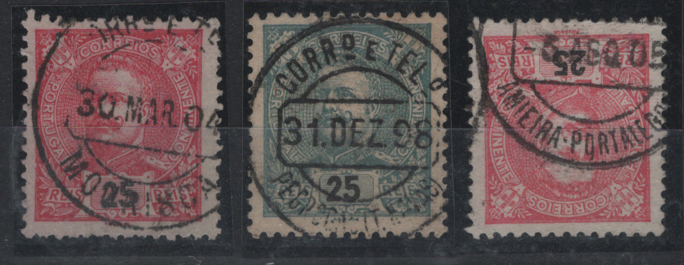 1684.jpg -     Lote:    1684            Portugal        Descrição:         Carimbos circulares datados, tipo 1880 * 1899 &mdash; D. Carlos I Mouchon. CE141, 25 reis. Lote de 3 selos com carimbos a preto de: MOURISCA, PEDROGÃO (T. NOVAS) e AMIEIRA &mdash; PORTALEGRE.        Lote       Valor Base:     &euro; 12,00     Valor Venda:     &euro;      