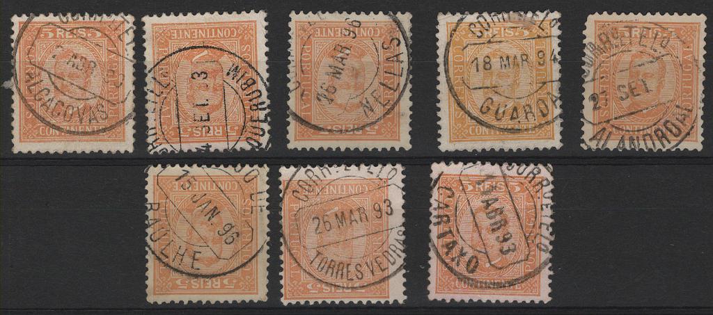 1686.jpg -     Lote:    1686            Portugal        Descrição:         Carimbos circulares datados, tipo 1880. 1895 &mdash; D. Carlos I. CE127, 5 reis. Lote com 8 selos com carimbos bem batidos a preto de ALCAÇOVAS, ALQUERUBIM, NELLAS, GUARDA, ALANDROAL, BAÚLHE, TORRES VEDRAS e CARTAXO.        Lote       Valor Base:     &euro; 8,00     Valor Venda:     &euro;      