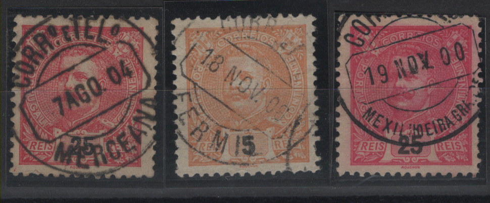 1689.jpg -     Lote:    1689            Portugal        Descrição:         Carimbos circulares datados, tipo 1880 * 1899 &mdash; D. Carlos I Mouchon. CE127 e 141, 5 e 25 reis. Lote de 3 selos com carimbos a preto de: MERCEANA, FERMIL e MEXILHEIRA GRANDE.        Lote       Valor Base:     &euro; 12,00     Valor Venda:     &euro;      