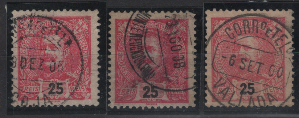 1691.jpg -     Lote:    1691            Portugal        Descrição:         Carimbos circulares datados, tipo 1880 * 1899 &mdash; D. Carlos I Mouchon. CE141, 25 reis. Lote de 3 selos com carimbos a preto de: COJA, MONTE REDONDO (LEIRIA) e VALLADA.        Lote       Valor Base:     &euro; 8,00     Valor Venda:     &euro;      