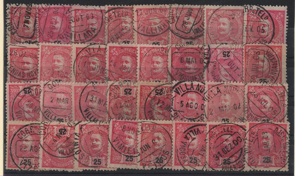 1692.jpg -     Lote:    1692            Portugal        Descrição:         Carimbos circulares datados, tipo 1880. 1898/1905 &mdash; D. Carlos I. CE141, 25 reis. Lote com 32 selos obliterados com carimbos a preto bem batidos, todos diferentes, com localidades iniciadas por letras por V. Lote a ver.        Lote       Valor Base:     &euro; 12,00     Valor Venda:     &euro;      