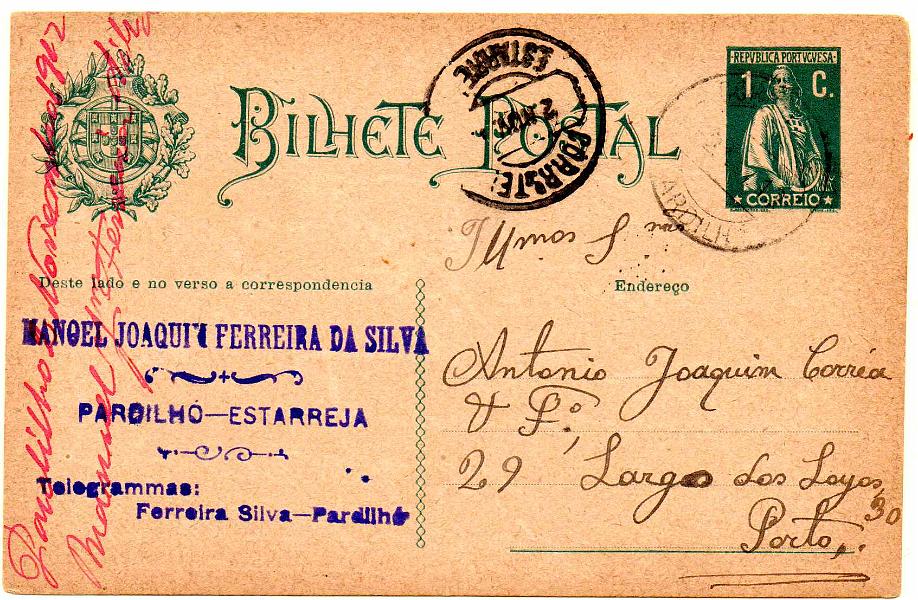 1693.jpg -     Lote:    1693            Portugal        Descrição:         Carimbos circulares datados tipo 1880 *1912 &mdash; Ceres. Escudo nacional à esquerda. OM59, 1C verde. Circulado de Pardilhó (02.11.12) para o Porto. Carimbo a preto "PARDILHÓ". Não catalogado por Gordon.        IC       Valor Base:     &euro; 30,00     Valor Venda:     &euro;      