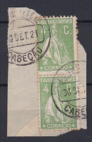 1697.jpg -     Lote:    1697            Portugal        Descrição:         Carimbos circulares datados tipo 1880. 1917 &mdash; Ceres. CE226, 4C, denteado 12x11 &frac12;. Par vertical obliterado com carimbo batido a preto CABEÇÃO.        FRG       Valor Base:     &euro; 10,00     Valor Venda:     &euro;      