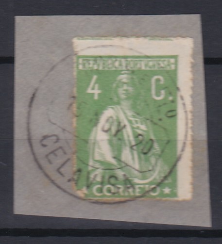 1701.jpg -     Lote:    1701            Portugal        Descrição:         Carimbos circulares datados tipo 1880. 1917 &mdash; Ceres. CE226, 4C, denteado 15X14. Fragmento com selo isolado, com denteado deslocado obliterado com carimbo batido a preto CELAVISA.        FRG       Valor Base:     &euro; 10,00     Valor Venda:     &euro;      