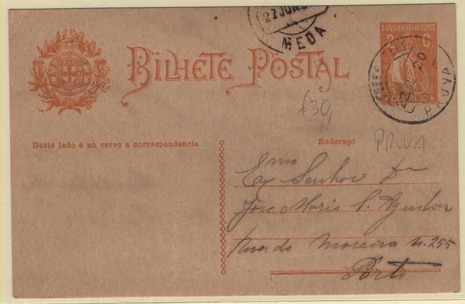 1702.jpg -     Lote:    1702            Portugal        Descrição:         Carimbos circulares datados, tipo 1880. 1918/20 &mdash; Ceres. OM61, 2C ocre. Circulado deProva (22.06.20) para o Porto. Carimbo a preto "PROVA.        IC       Valor Base:     &euro; 15,00     Valor Venda:     &euro;      