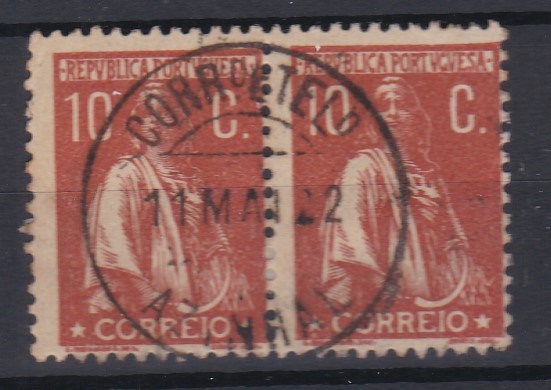 1709.jpg -     Lote:    1709            Portugal        Descrição:         Carimbos circulares datados tipo 1880. 1912 &mdash; Ceres. CE215, 10C, denteado 12x11 &frac12;. Par horizontal obliterado com carimbo batido a preto AZINHAL.        O       Valor Base:     &euro; 12,00     Valor Venda:     &euro;      