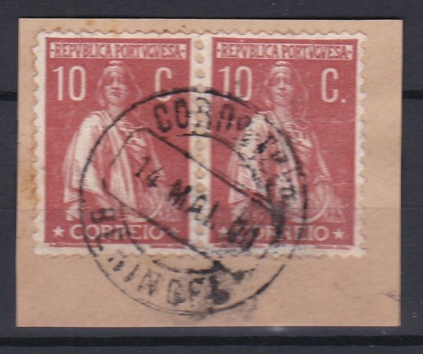 1711.jpg -     Lote:    1711            Portugal        Descrição:         Carimbos circulares datados tipo 1880. 1912 &mdash; Ceres. CE215, 10C, denteado 12x11 &frac12;. Par horizontal obliterado com carimbo batido a preto BERINGEL.        FRG       Valor Base:     &euro; 8,00     Valor Venda:     &euro;      