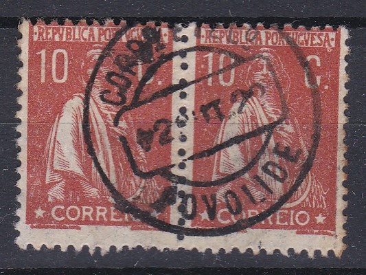 1713.jpg -     Lote:    1713            Portugal        Descrição:         Carimbos circulares datados tipo 1880. 1912 &mdash; Ceres. CE215, 10C, denteado 12x11 &frac12;. Par horizontal obliterado com carimbo batido a preto POVOLIDE.        O       Valor Base:     &euro; 10,00     Valor Venda:     &euro;      