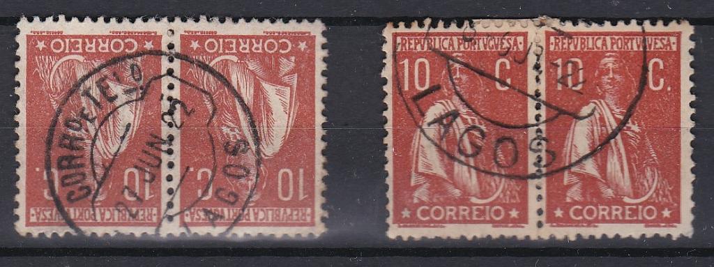 1714.jpg -     Lote:    1714            Portugal        Descrição:         Carimbos circulares datados tipo 1880. 1912 &mdash; Ceres. CE215, 10C, denteado 12x11 &frac12;. Lote composto por dois pares horizontais obliterados com diferentes carimbos batidos a preto de LAGOS.        O       Valor Base:     &euro; 8,00     Valor Venda:     &euro;      