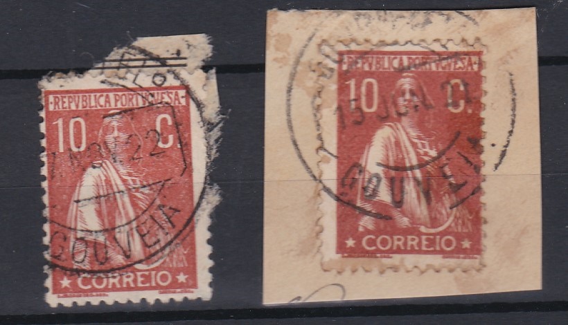 1720.jpg -     Lote:    1720            Portugal        Descrição:         Carimbos circulares datados tipo 1880. 1912 &mdash; Ceres. CE215, 10C, denteado 12x11 &frac12;. Lote composto por dois pequenos fragmentos com selos isolados obliterados com diferentes carimbos batidos a preto de GOUVEIA.        FRG       Valor Base:     &euro; 8,00     Valor Venda:     &euro;      
