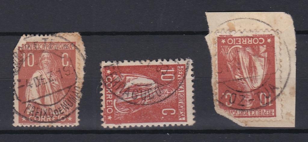 1722.jpg -     Lote:    1722            Portugal        Descrição:         Carimbos circulares datados tipo 1880. 1912 &mdash; Ceres. CE215, 10C. Lote composto por 3 selos obliterados com carimbos batidos a preto de FEEIXO DE NUMÃO, FERRAGUDO e FOZ.TUA..        O       Valor Base:     &euro; 8,00     Valor Venda:     &euro;      
