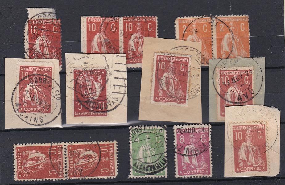 1724.jpg -     Lote:    1724            Portugal        Descrição:         Carimbos circulares datados tipo 1880. Lote composto por 8 selos isolados + 3 pares horizontais, com selos das emissões Ceres obliterados com carimbos a preto de AVEIRAS DE CIMA, ARRONCHES, ASSUMAR, ALCAINS, ALCAÇOVAS, ALBERGARIA A VELHA, AVÔ, ALGOZ, ALCANTARILHA, AZINHAGA e ALCOUTIM.        Lote       Valor Base:     &euro; 8,00     Valor Venda:     &euro;      