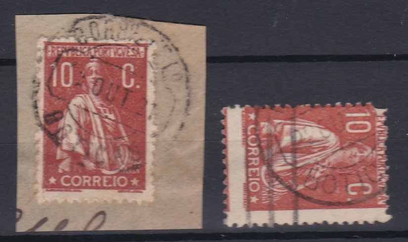1725.jpg -     Lote:    1725            Portugal        Descrição:         Carimbos circulares datados tipo 1880. 1912 &mdash; Ceres. CE215, 10C, denteado 12x11 &frac12;. Selo isolado + fragmento com selo, obliterados com diferentes carimbos batidos a preto de BOTICAS.        O       Valor Base:     &euro; 8,00     Valor Venda:     &euro;      
